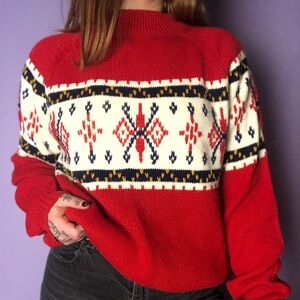 Vintage 70s JCPenney Red and White Patterned Crewneck Sweater